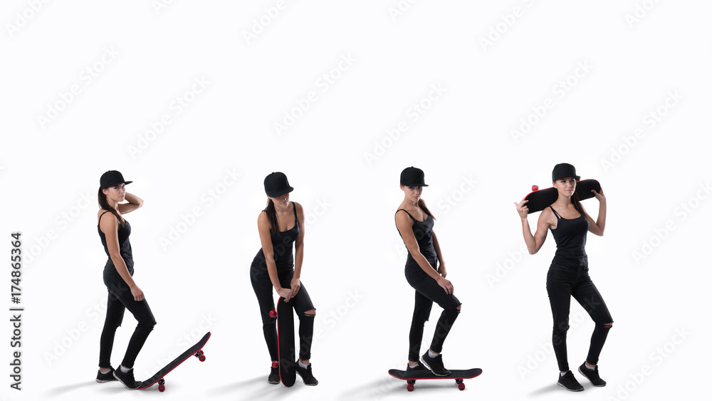Young beautiful brunette woman with skate posing in studio Young beautiful brunette woman with skate posing in studio