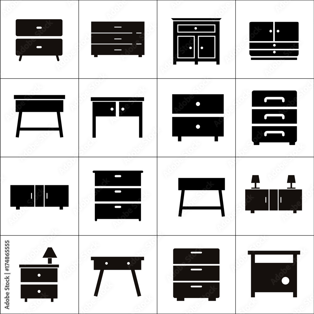 Chest of drawers vector icon. Furniture types. Bedroom furniture and  storage concept. Interior design. Dresser design. Flat lay isolated icons  set Stock Vector | Adobe Stock
