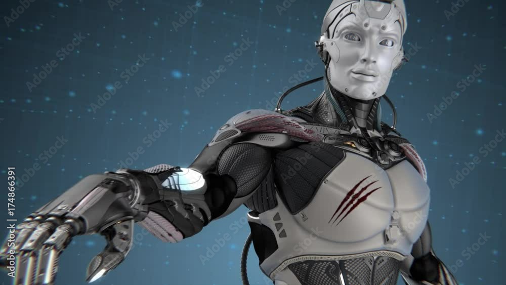 Futuristic Robot vorking with virtual interface Futuristic Robot vorking with virtual interface