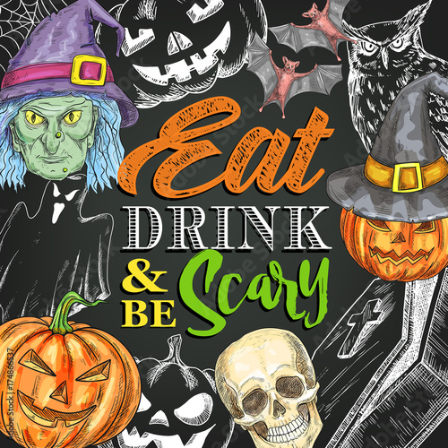 Halloween night party monster vector sketch poster