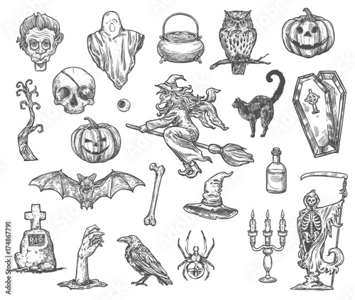 Halloween witch monsters vector sketch icons set