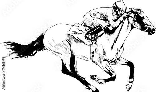 Fotografie, Tablou jockey on horse drawn with ink on a white background