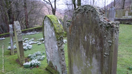 Gothic graveyard with snowdrops in winter in the village of Durisdeer, Scotland.