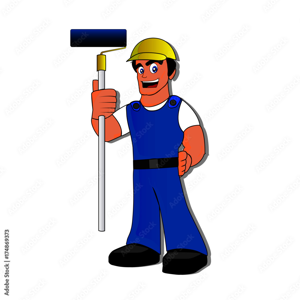 Trabajador, pintor con rodillo en la mano