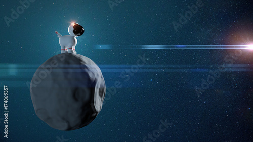 cute cartoon space dog in white space suit standing on an asteroid in front of the stars