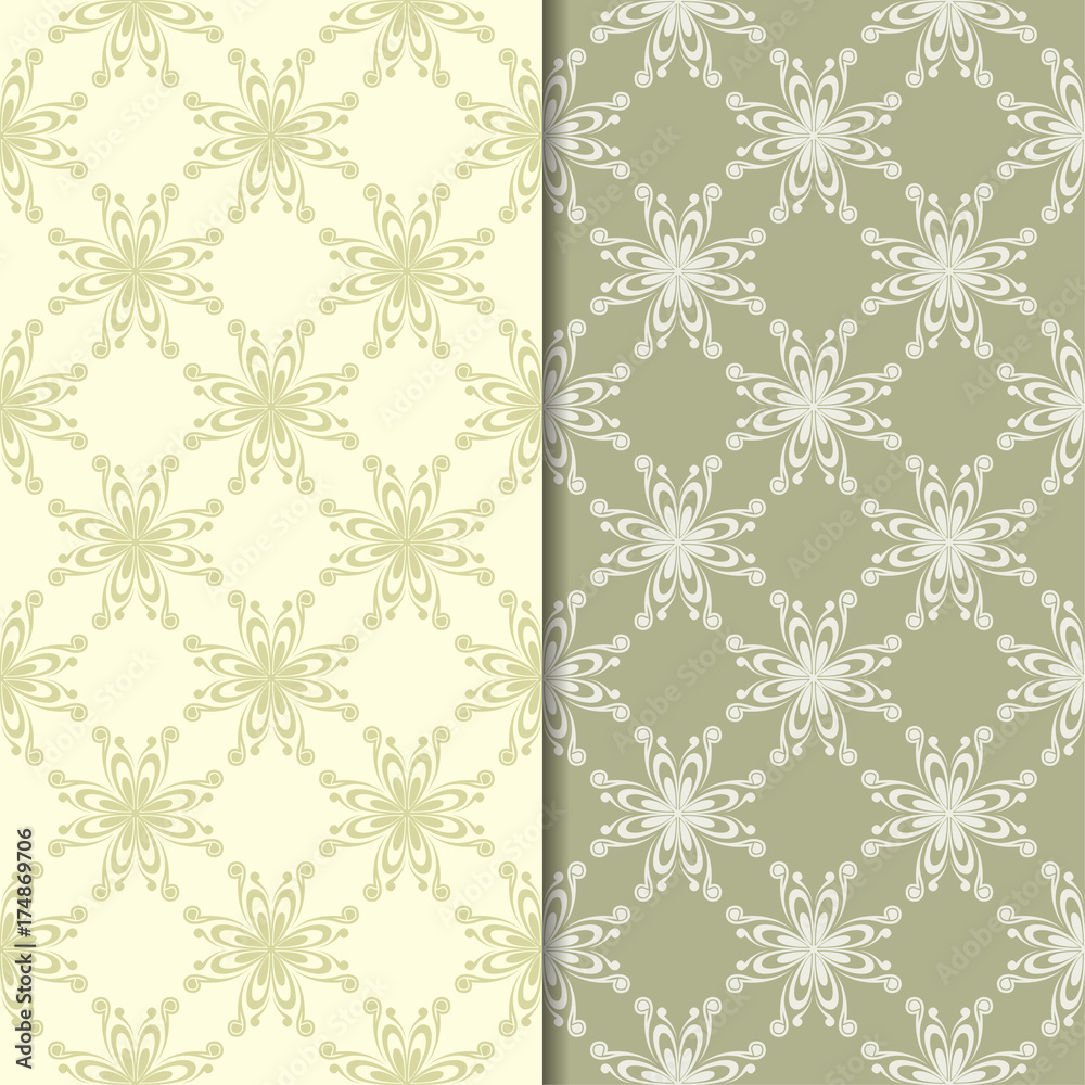 Olive green floral backgrounds. Set of seamless patterns