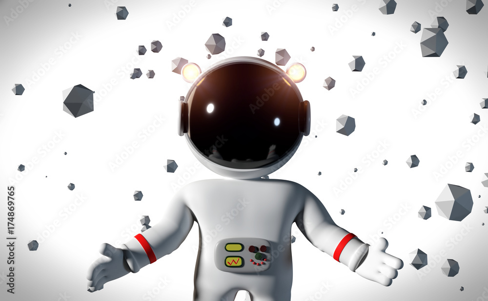 white cartoon astronaut character floating between geometric objects in front of a white background 