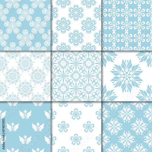 Blue and white floral ornaments. Collection of seamless patterns