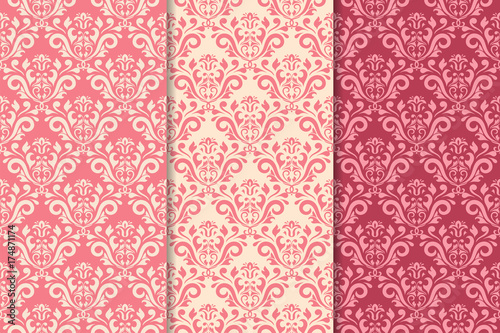 Set of floral ornaments. Cherry pink vertical seamless patterns
