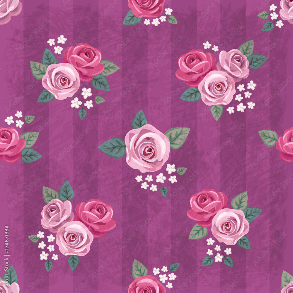 Seamless vintage romantic pattern with pink roses on purple shabby background. Retro wallpaper style. Shabby chic design. Perfect for scrapbooking, greeting cards etc