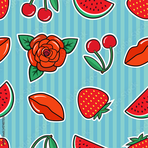 Seamless pattern with red rose, cherry, strawberry, lips and heart on green background. Fashion patches and stickers. Vector illustration.