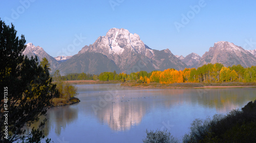 Nature is Grand-Morning at Oxbow Bend-Autumn colors and snow-capped Mount Moran, are both reflected in Snake River, in Grand Teton National Park