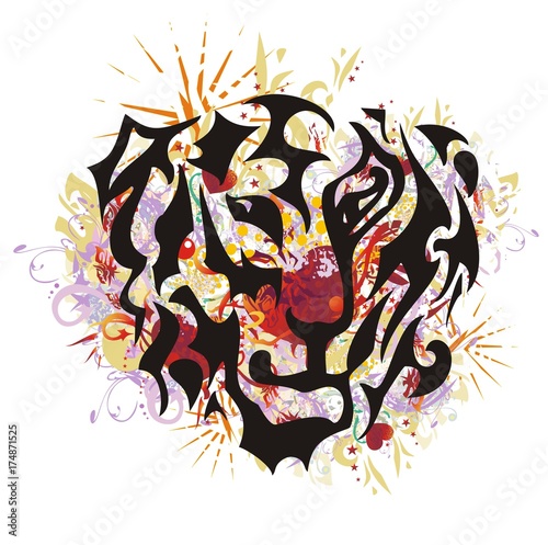 Fototapeta Naklejka Na Ścianę i Meble -  Tribal tiger mascot in grunge style. Flaming tiger head closeup with red hearts inside, arrows, asterisks and colorful splashes