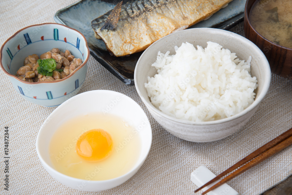 raw egg, rice and natto for japanese breakfast raw egg, rice and natto for japanese breakfast