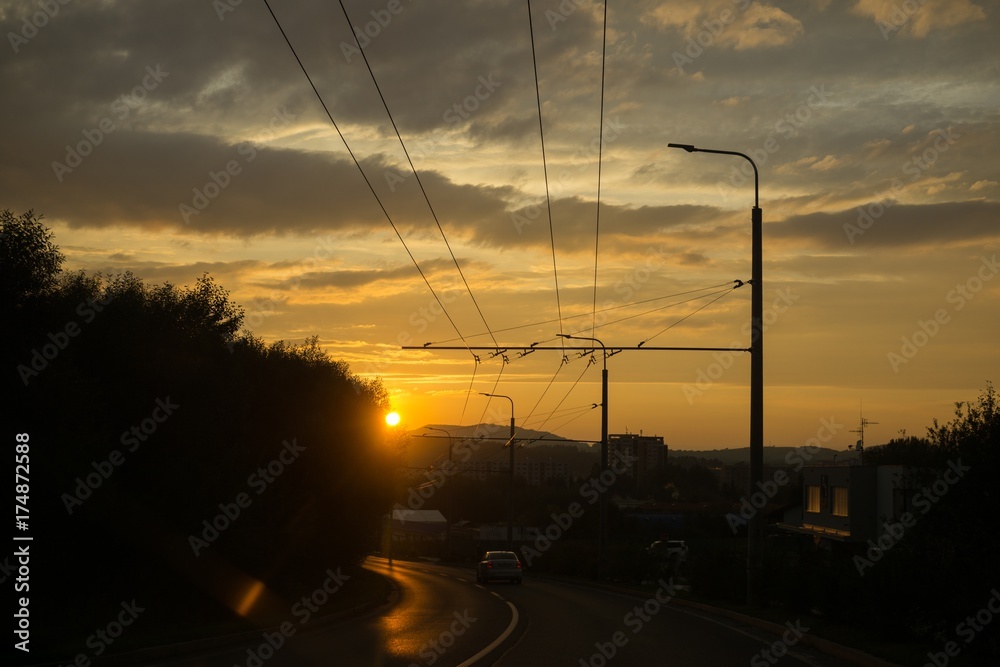Sunset on the crossroads in the town. Slovakia Sunset on the crossroads in the town. Slovakia
