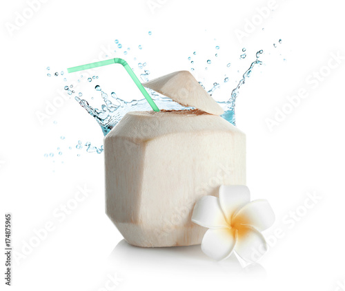 Coconut with plumeria on white background