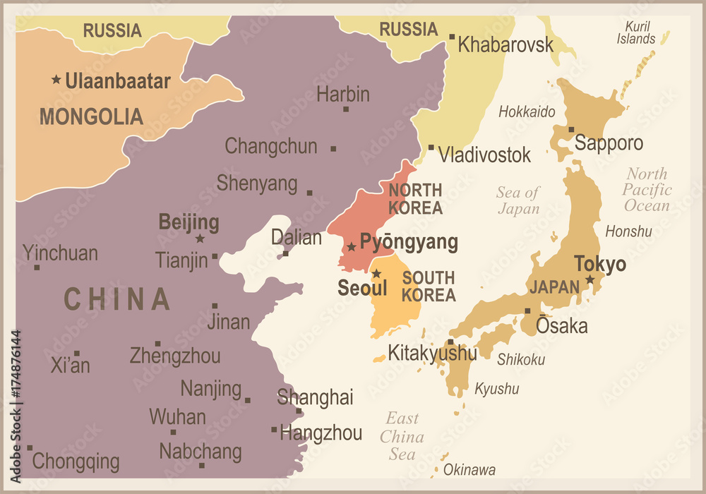 Fototapeta premium North Korea South Korea Japan China Russia Mongolia Map - Vintage Vector Illustration