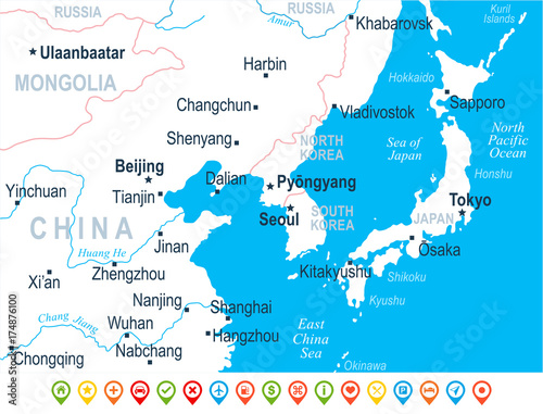 North Korea South Korea Japan China Russia Mongolia Map - Vector Illustration