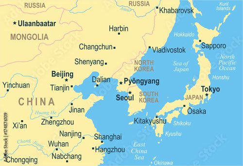 North Korea South Korea Japan China Russia Mongolia Map - Vector Illustration