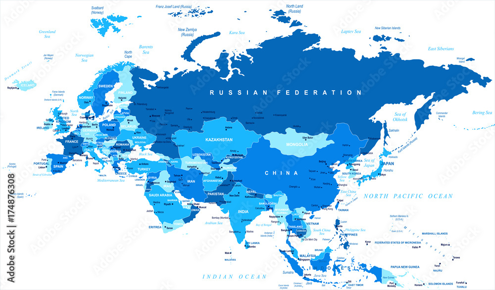 Obraz premium Eurasia Europa Rosja Chiny Indie Indonezja Mapa - ilustracji wektorowych