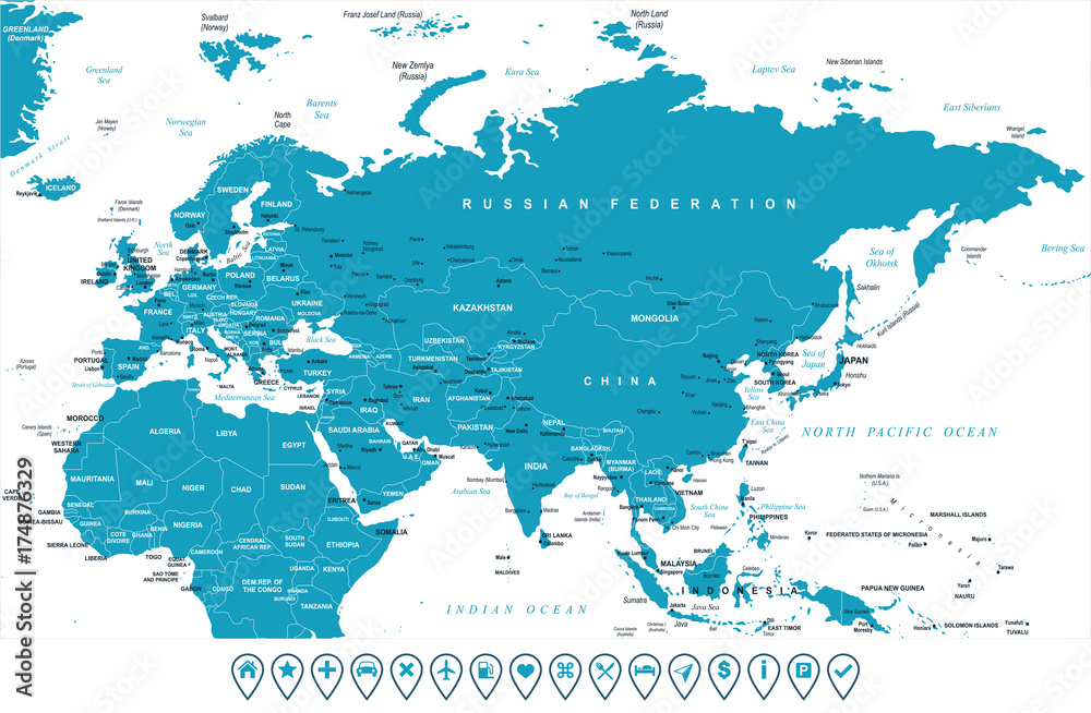 Obraz premium Eurasia Europa Rosja Chiny Indie Indonezja Tajlandia Mapa Afryki - ilustracja wektorowa