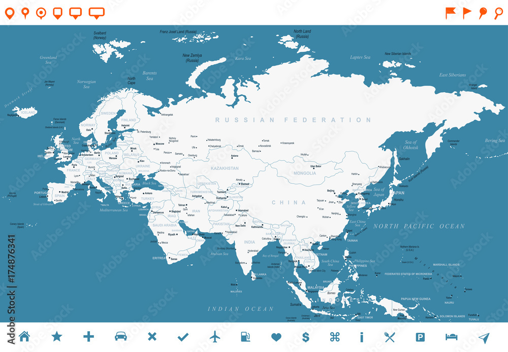 Fototapeta premium Eurasia Europa Rosja Chiny Indie Indonezja Tajlandia Mapa - ilustracja wektorowa