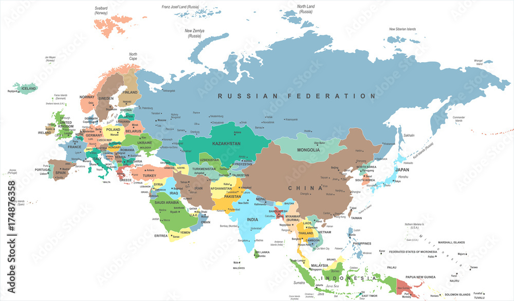 Obraz premium Eurasia Europa Rosja Chiny Indie Indonezja Tajlandia Mapa - ilustracja wektorowa
