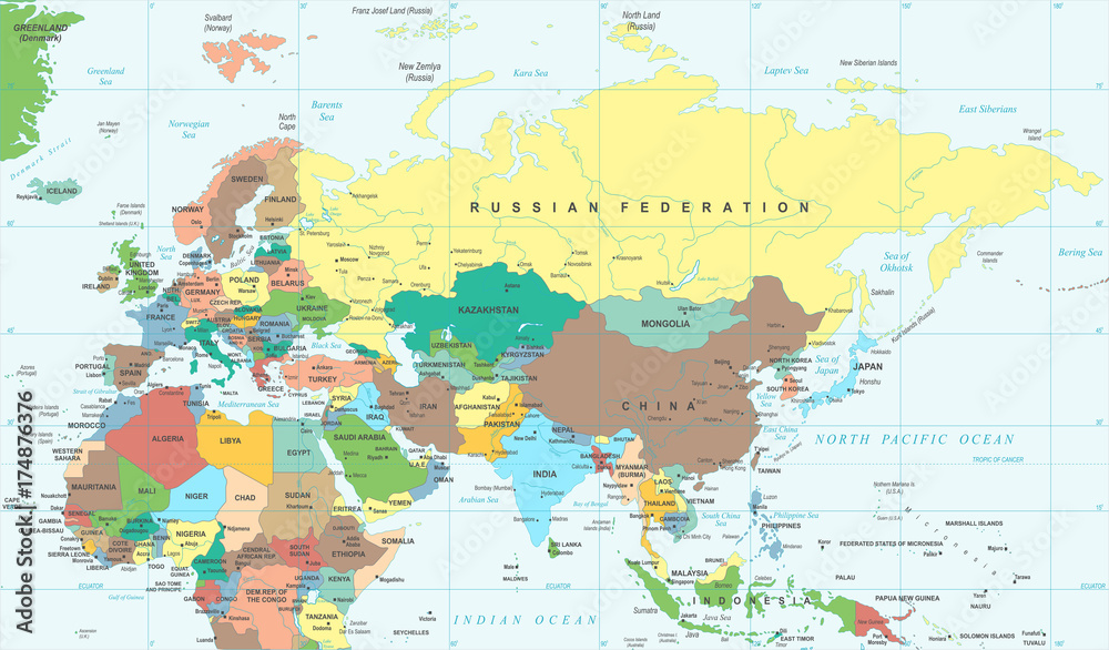 Obraz premium Eurasia Europa Rosja Chiny Indie Indonezja Tajlandia Mapa Afryki - ilustracja wektorowa