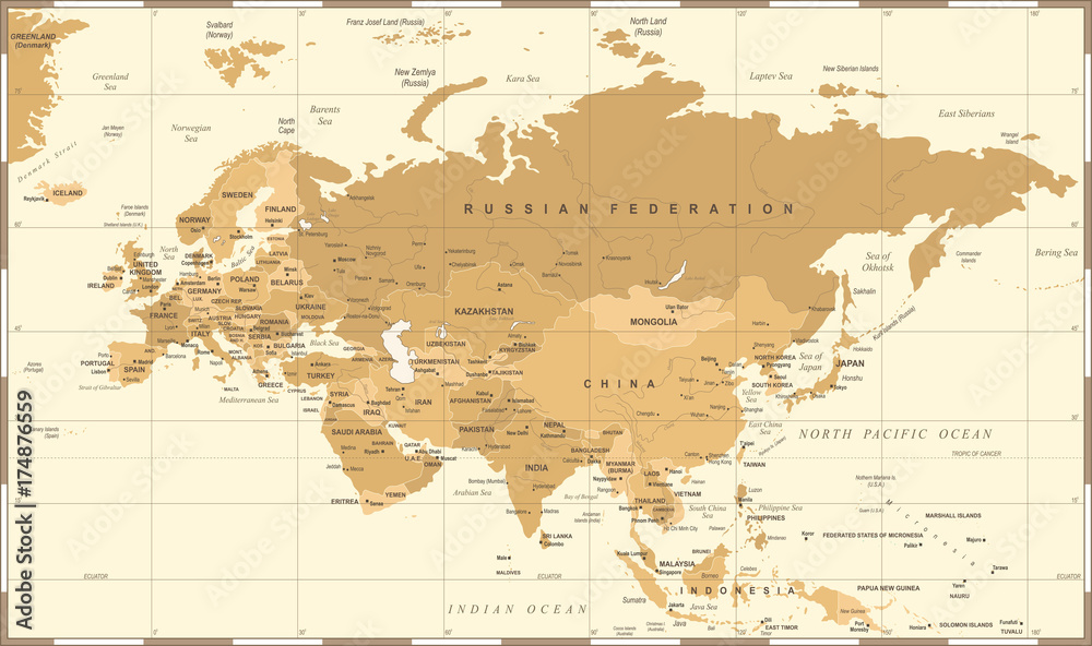 Obraz premium Eurasia Europa Russia China India Indonesia Thailand Map - Vector Illustration