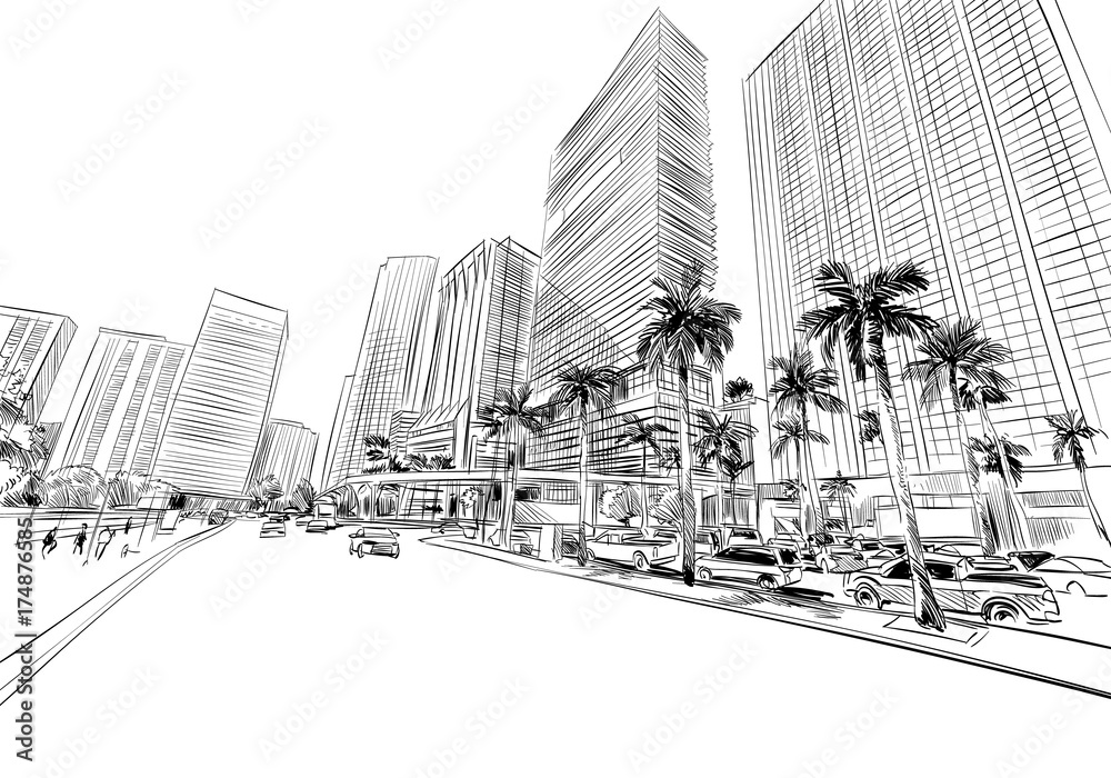 Obraz premium USA. Florida. Miami. Unusual perspective hand drawn sketch. City vector illustration