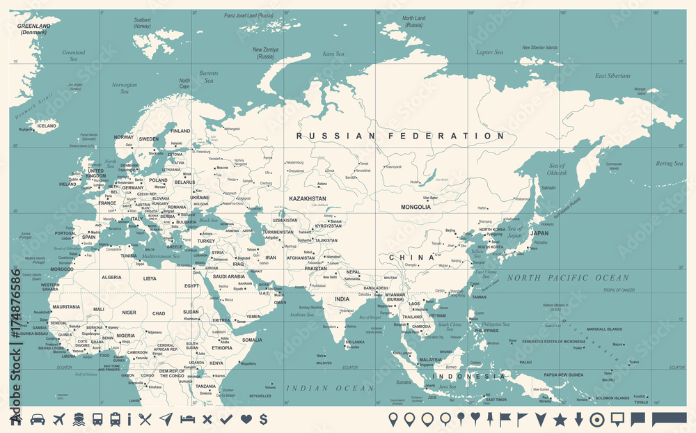 Fototapeta premium Eurasia Europa Rosja Chiny Indie Indonezja Tajlandia Mapa Afryki - ilustracja wektorowa