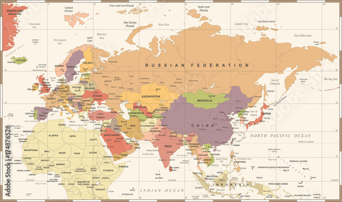 Eurasia Europa Russia China India Indonesia Thailand Map - Vector Illustration