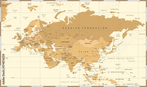 Eurasia Europa Russia China India Indonesia Thailand Map - Vector Illustration