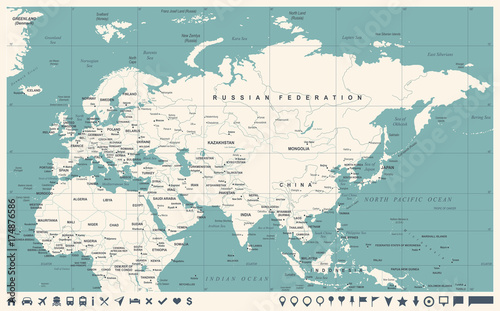 Eurasia Europa Russia China India Indonesia Thailand Africa Map - Vector Illustration