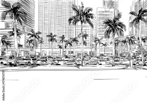 USA. Florida. Miami. Unusual perspective hand drawn sketch. City vector illustration