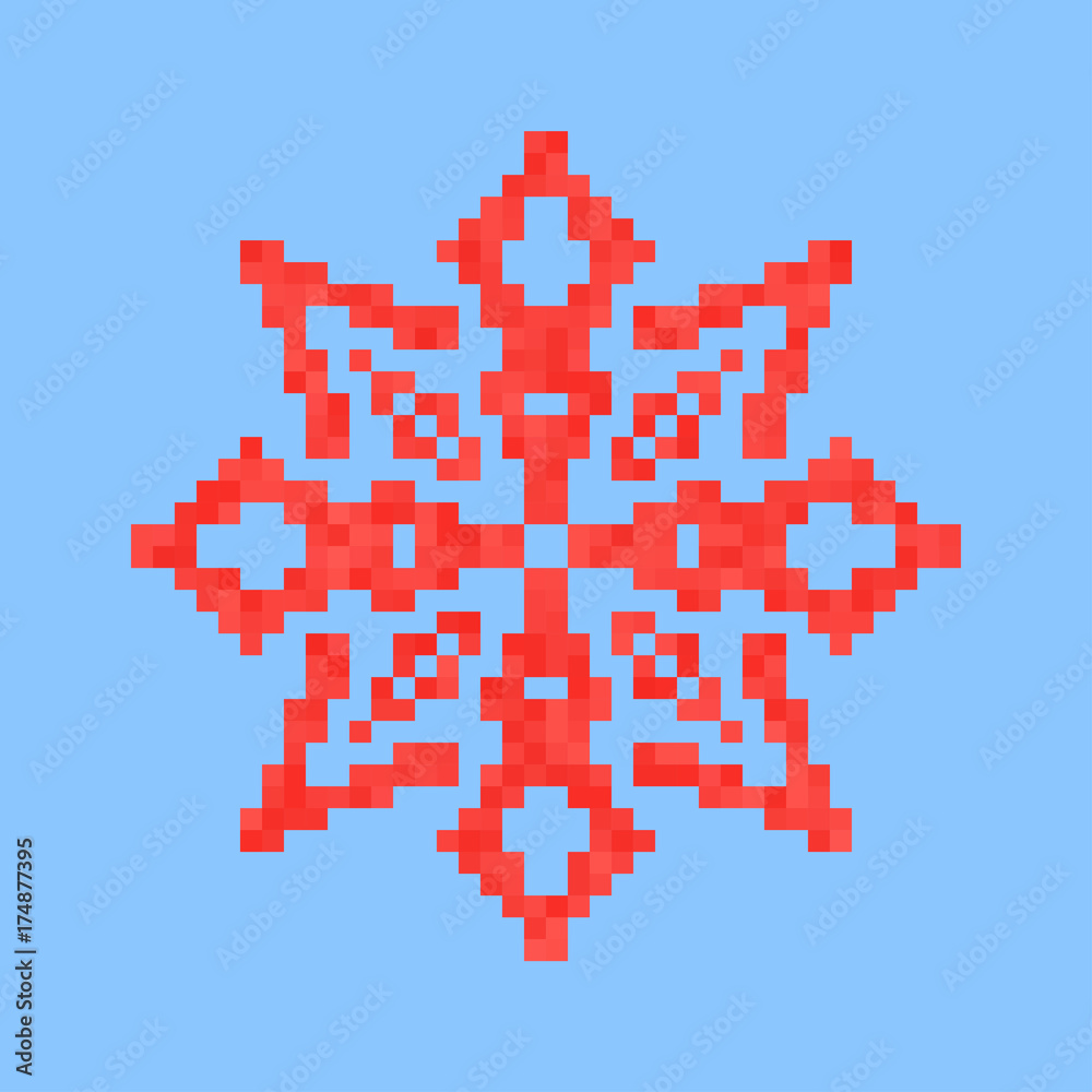 Christmas Decoration. Snowflake red icon on blue background. Holidays vector Illustration. Pixel art design. Christmas Decoration. Snowflake red icon on blue background. Holidays vector Illustration. Pixel art design.