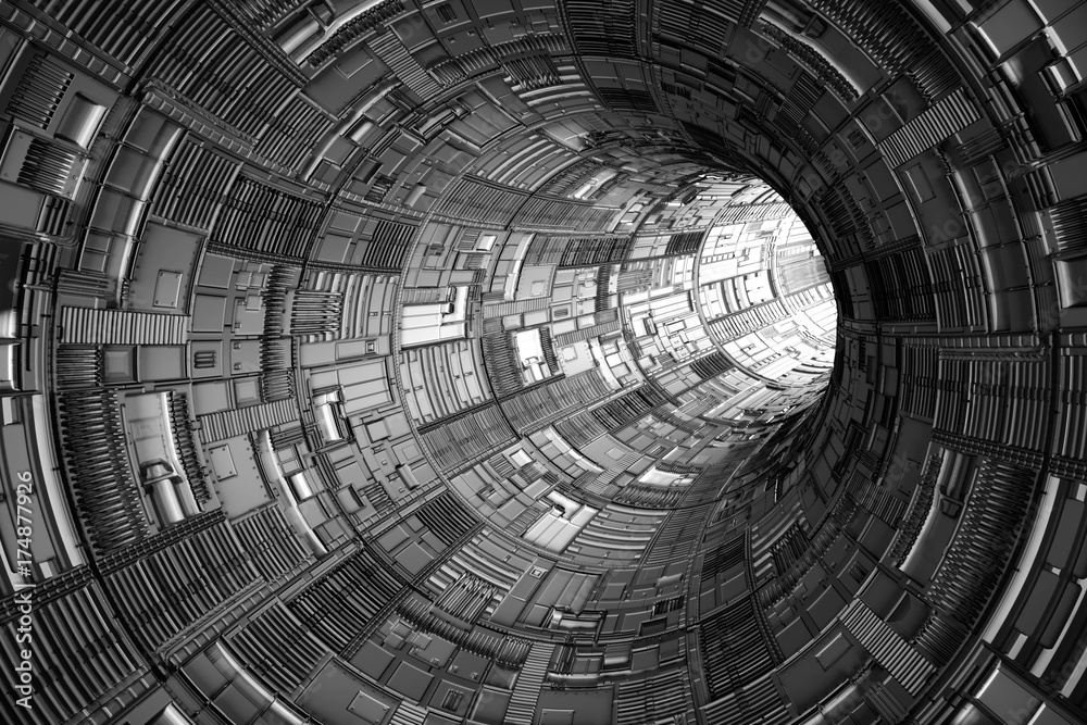 Fototapeta abstract science fiction technology tunnel with bright light at the end (3d render)