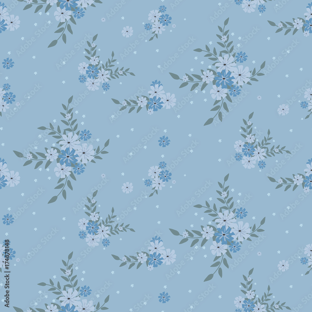 Seamless floral pattern. Background in small blue flowers on a blue background for textiles, fabric, cotton fabric, covers, wallpaper, print, gift wrapping, postcard, scrapbooking.