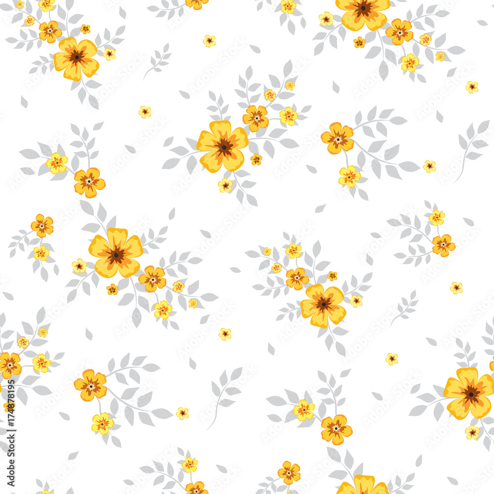 Seamless floral pattern. Background in small yellow flowers on a white  background for textiles, fabric, cotton fabric, cover, wallpaper, stamp,  gift wrap, postcard, scrapbooking. Stock Vector | Adobe Stock