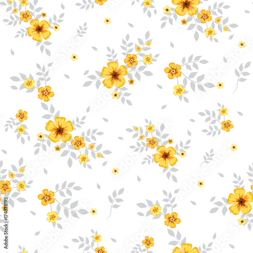 Seamless floral pattern. Background in small yellow flowers on a white background for textiles, fabric, cotton fabric, cover, wallpaper, stamp, gift wrap, postcard, scrapbooking.