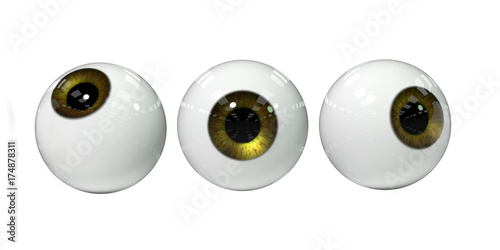 three human eyes with golden iris, isolated on white background
