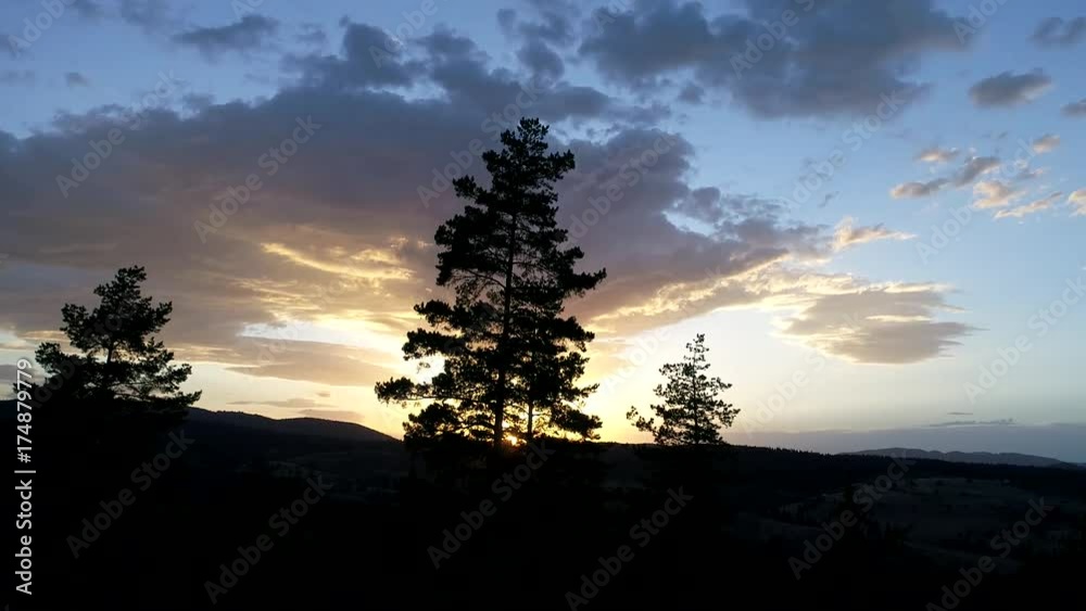 Nature Aerial. Top view and side flying over the beautiful sunset with pine trees forest. Reveal and parallax with sun flare and tree silhouette as mask over beautiful nature in background... Nature Aerial. Top view and side flying over the beautiful sunset with pine trees forest. Reveal and parallax with sun flare and tree silhouette as mask over beautiful nature in background...