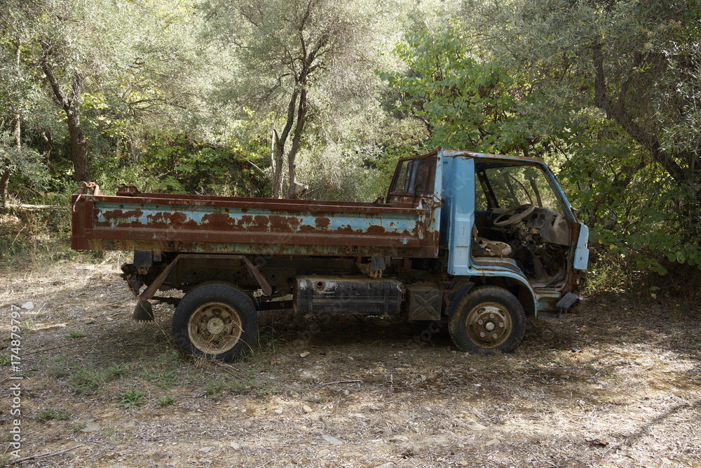 Verlassener Transporter in altem Olivenhain