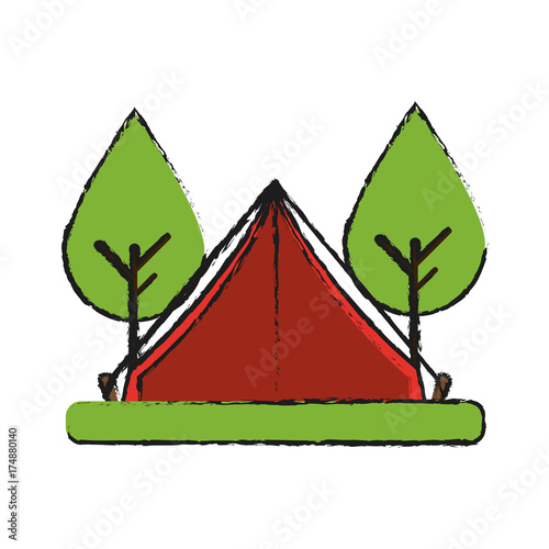 camping tent surrounded by trees icon image vector illustration design