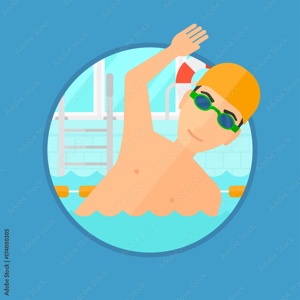 Young sportsman wearing cap and glasses swimming in pool. Professional male swimmer in swimming pool. Vector flat design illustration in the circle isolated on background.