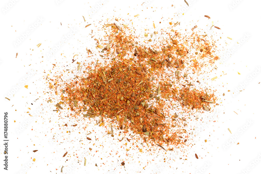 Mixed spices isolated on white background. Garlic fennel paprika carrots pepper basil celery, parsley, marjoram, onion