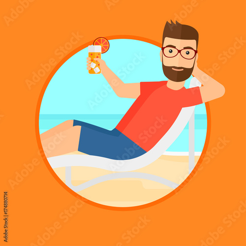 A hipster man with the beard sitting in a chaise longue on the beach. Young man relaxing and drinking a cocktail on a sand beach. Vector flat design illustration in the circle isolated on background.