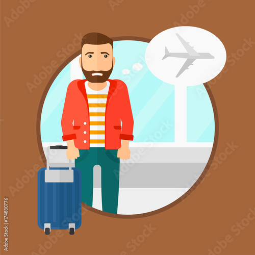 Hipster man with the beard frightened by future flight. Young man suffering from fear of flying. Phobia, fear of flying concept. Vector flat design illustration in the circle isolated on background.