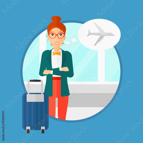 Woman frightened by future flight. Woman standing at the airport and suffering from fear of flying. Phobia, fear of flying concept.Vector flat design illustration in the circle isolated on background.