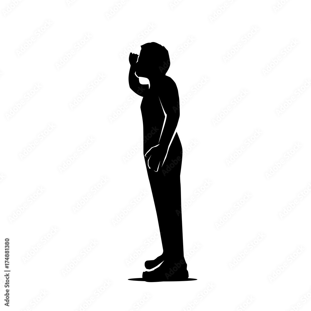 person put his hand on forehead silhouette, person looking for something, silhouette design, isolated on white background